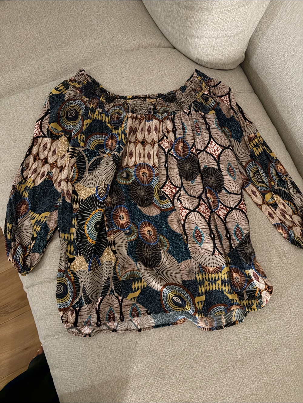 Desigual Multi-Print Off-Shoulder Blouse in Navy, Beige, Mustard